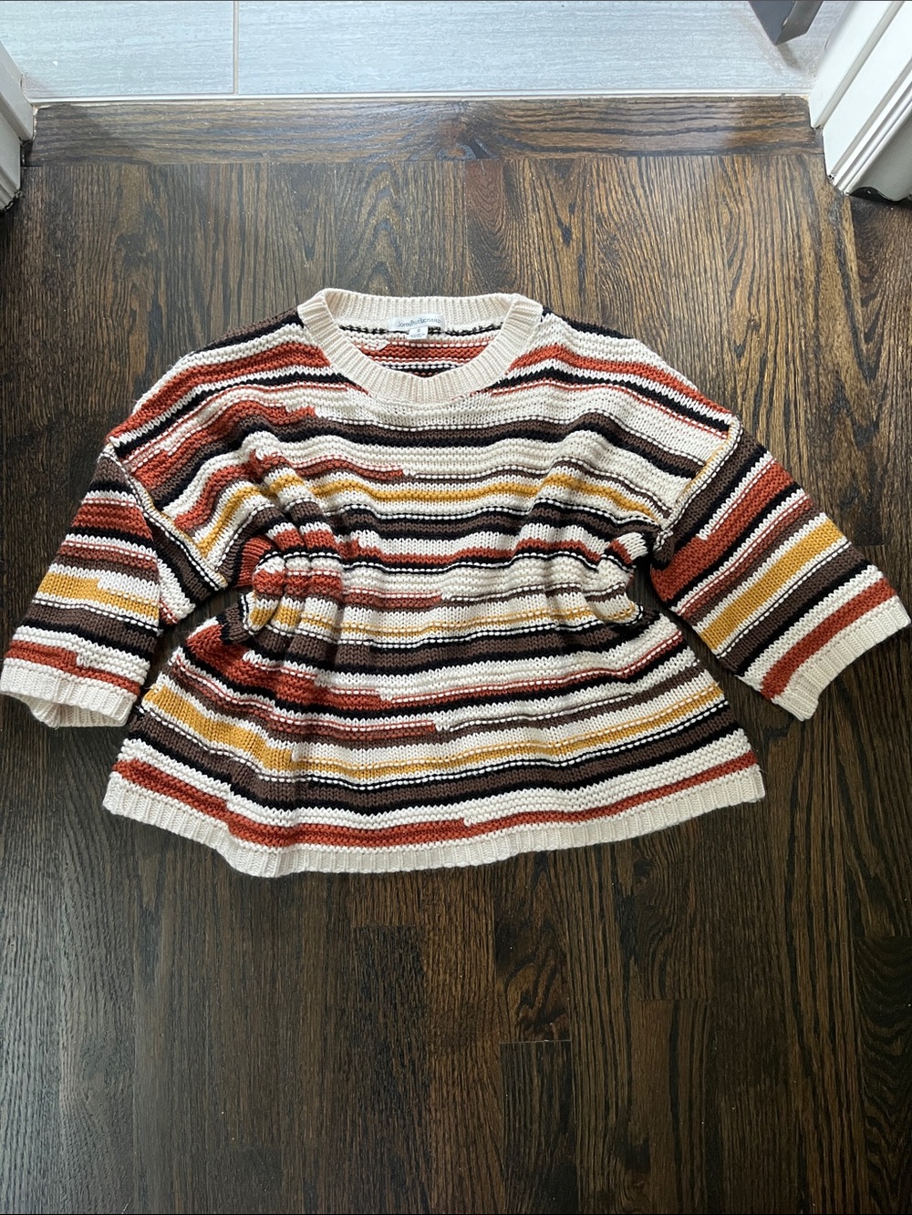 Vintage Short Sleeve Sweater Crew JohnPaulRichard Striped Cream, Rust & Mustard